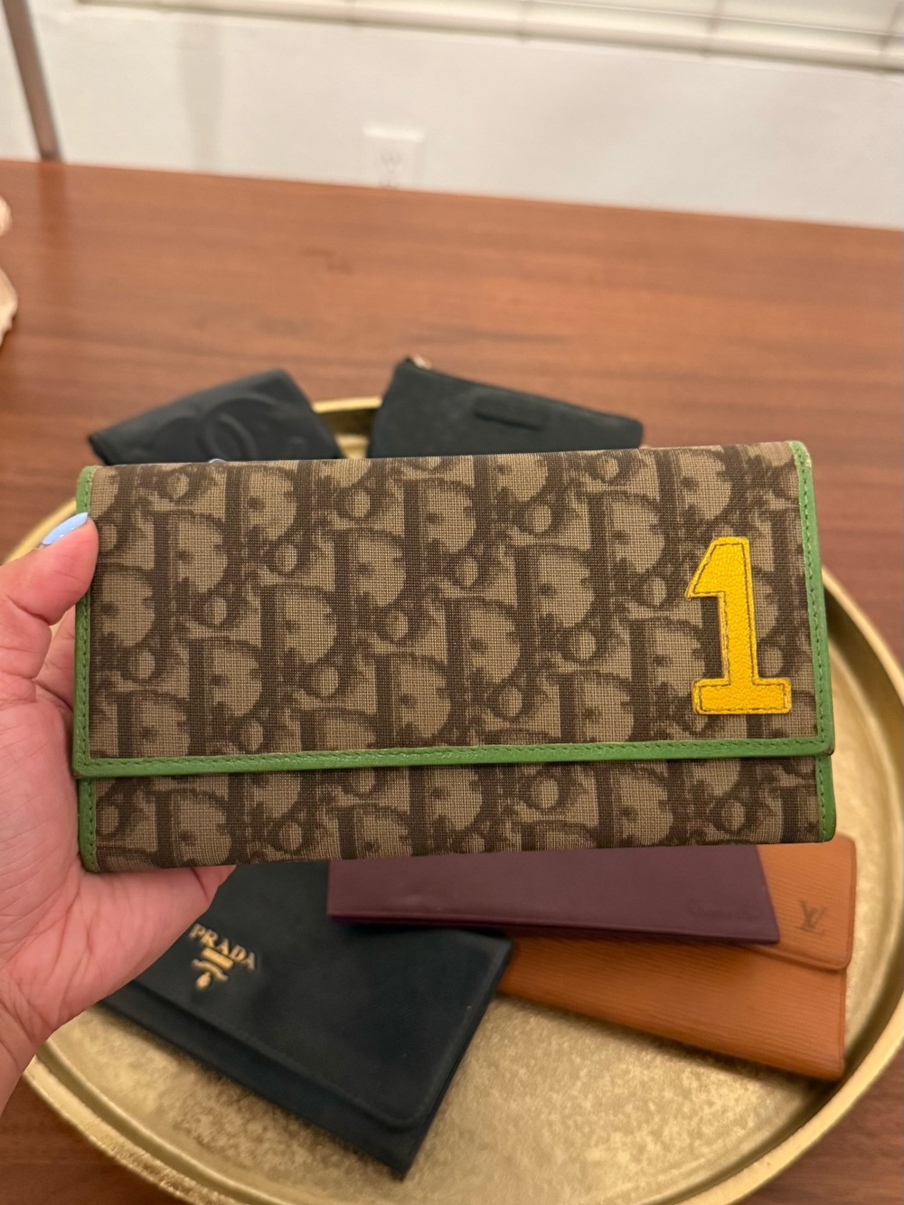 Dior Brown Monogram Canvas Wallet with Green Trim